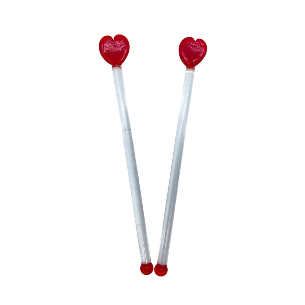 Glass‎ handblown Red heart swizzle sticks Cocktail stirrers 5 7/8" Valentines